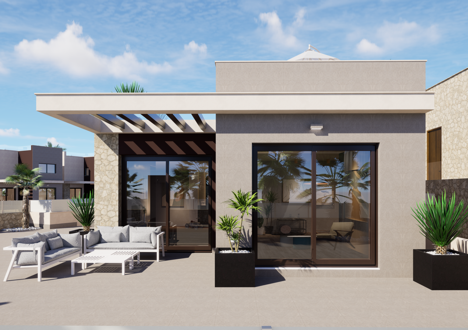 Render exterior de una villa Aura de una planta con piscina privada en Ciudad Quesada