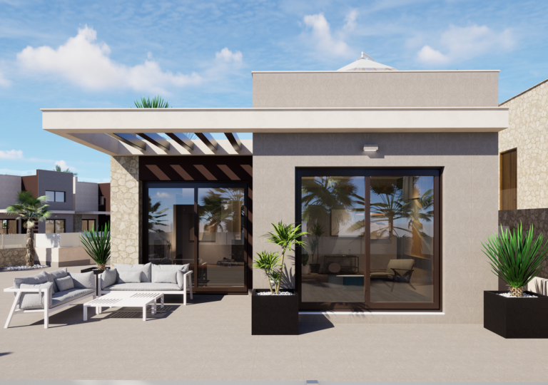 Render de la fachada de una villa de una planta Aura con jardín y piscina