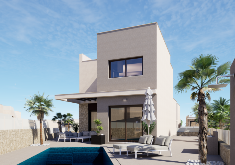 Render exterior de la villa de dos plantas de Aura I con piscina privada