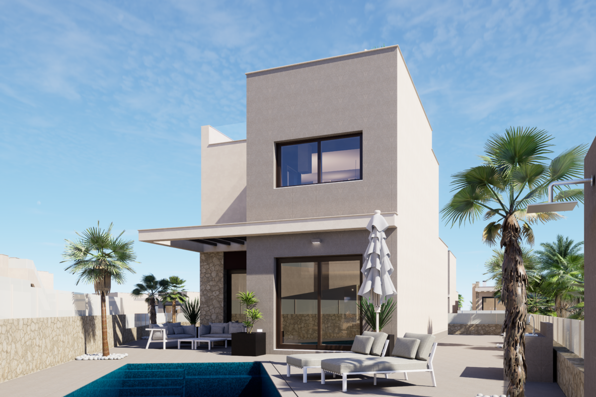 Two-storey new-build villa seen from the garden, Aura I Ciudad Quesada