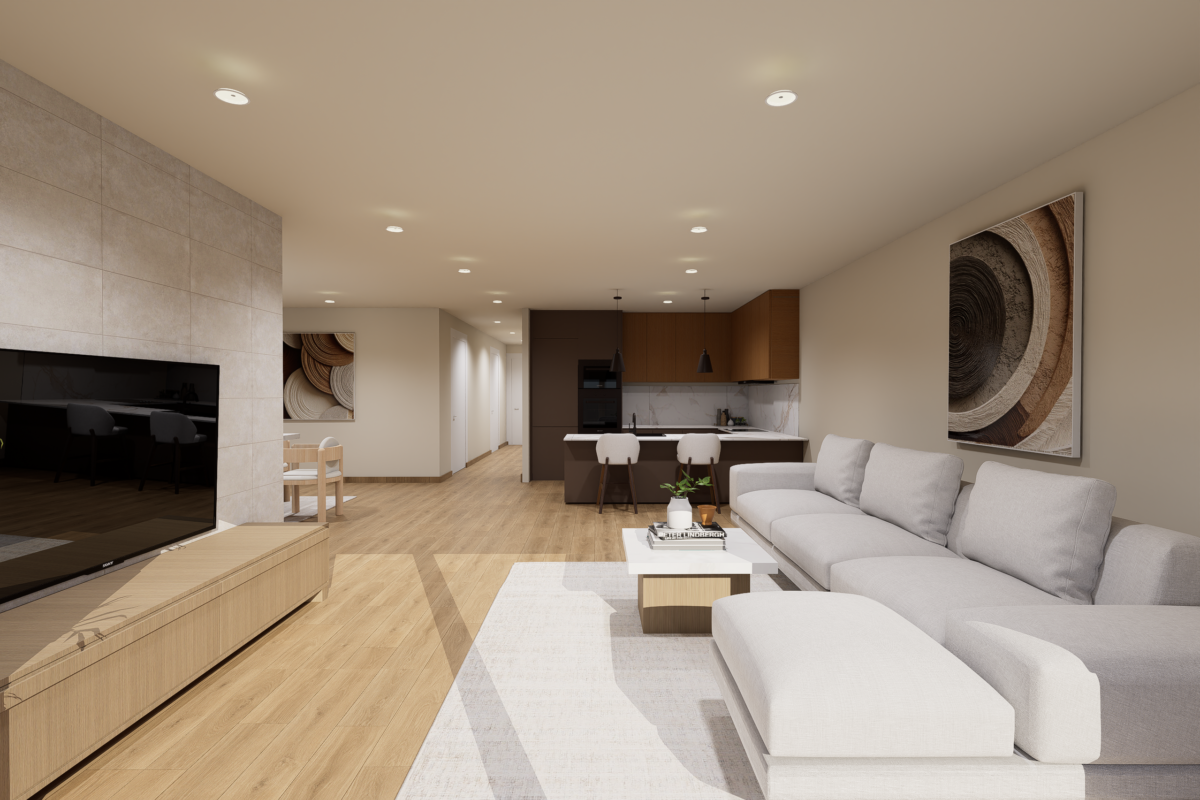 Salón y comedor de una villa de obra nueva de una planta en Aura II