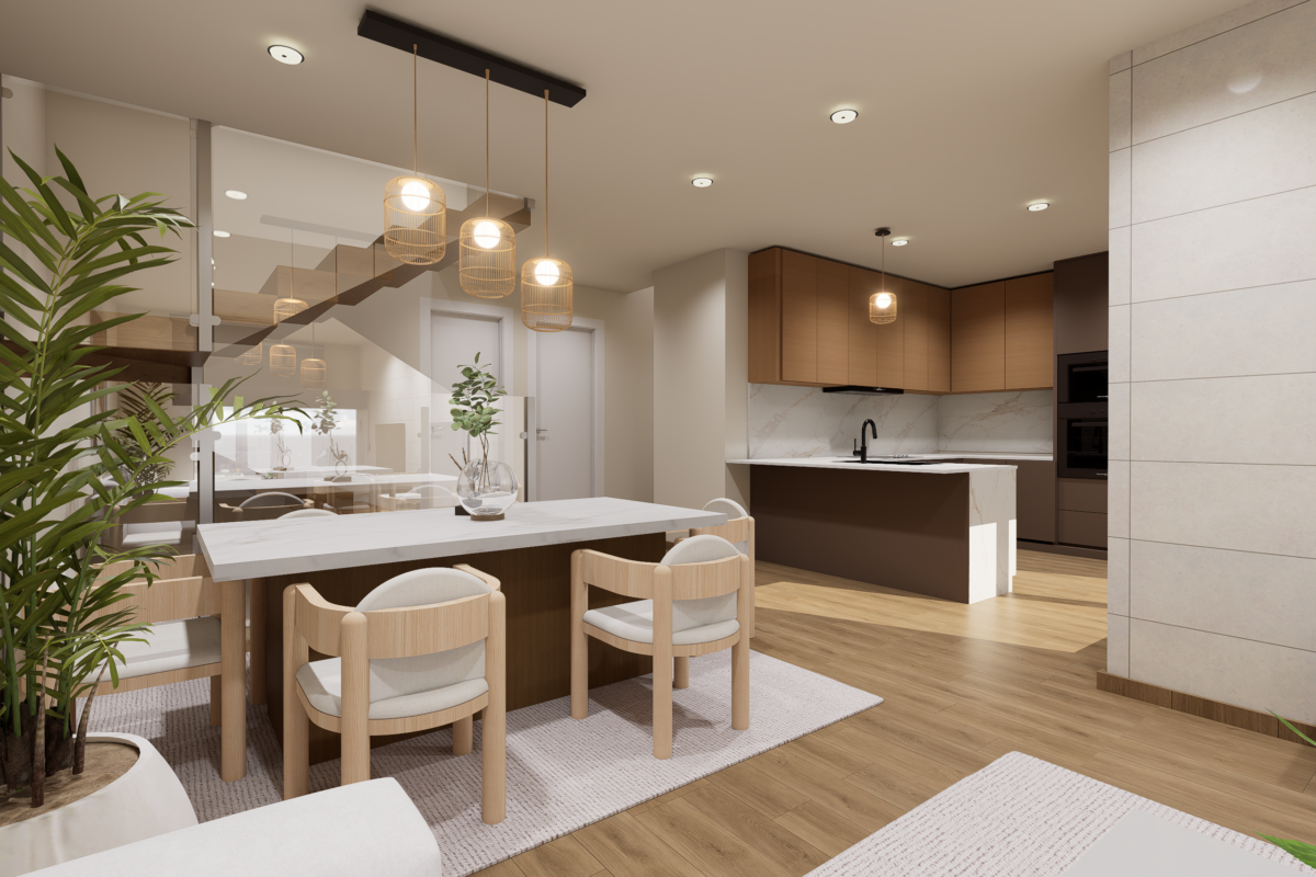 Living and dining room of the two-storey new-build villa in Aura I