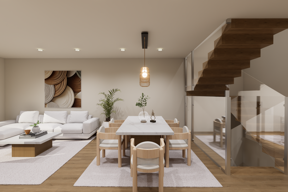 Salón comedor con vistas al jardín en una villa de obra nueva de Aura II